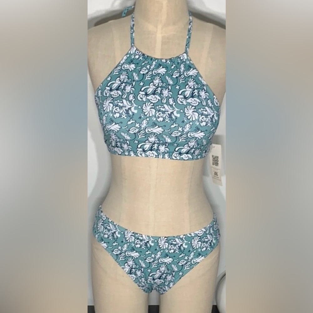 🖤 NEW 🖤 High-Neck Floral Print Bikini Set in Teal Size Small 🖤